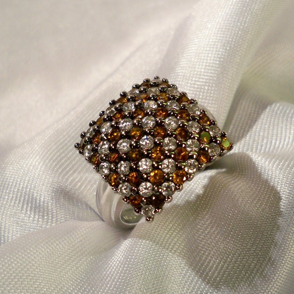 New Checkered Champagne Cubic Zirconias Silver Designer Dome Ring